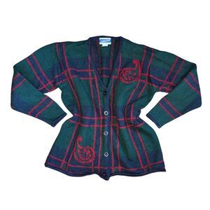 Vintage Pendleton 100% Wool Plaid Cardigan Sweater Red Green XL